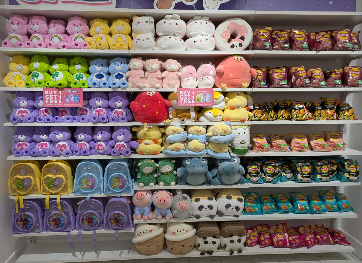 Plush and stuffed animals, backpacks and snacks at MINISO.